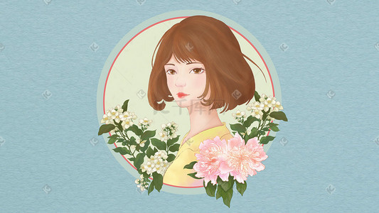 质感彩插画图片_淡彩工笔画质感花卉花文艺少女