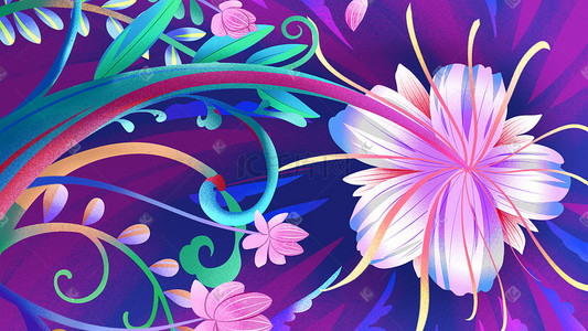 色彩背景图插画图片_紫色系卡通手绘风缤纷色彩花卉配图