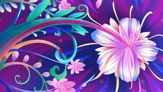 彩色花卉背景插画图片_紫色系卡通手绘风缤纷色彩花卉配图