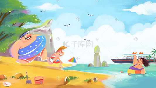 立夏沙滩插画图片_夏季沙滩游泳插画素材下载