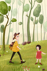 父女森林插画图片_父亲节爸爸带着女儿丛林探险