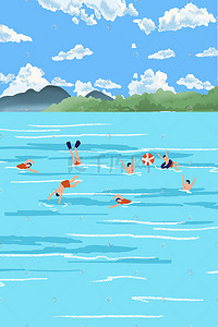 多人在看手机插画图片_冬泳多人游泳快乐场景
