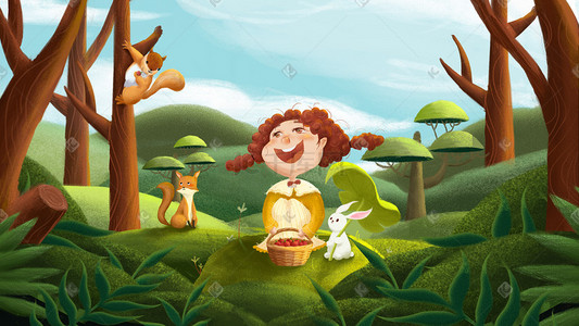 和动物玩耍插画图片_六一儿童节森林童趣动物和女孩丛林假日玩耍六一