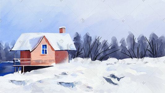 冬天下雪雪地房屋湖边树林背景
