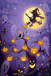 夜晚蝙蝠插画图片_万圣节万圣夜南瓜女巫魔法蝙蝠