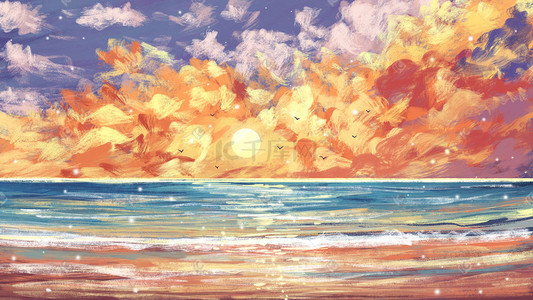 唯美治愈系彩色梦幻夕阳云朵大海海燕海滩