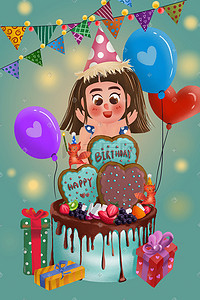 生日温馨插画图片_可爱女孩温馨过生日和生日蛋糕