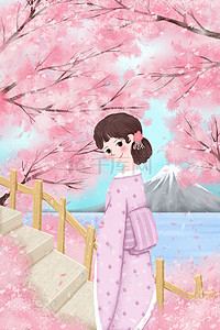 樱花节卡通小清新穿着和服赏花的少女配图