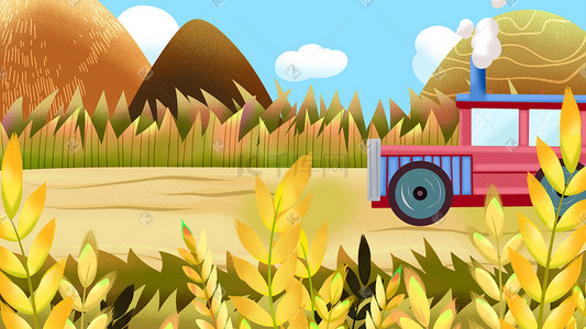 拖拉机的人插画图片_黄色系手绘风芒种拖拉机稻谷配图