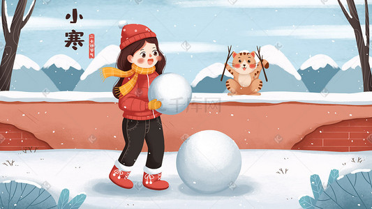 女孩猫咪插画图片_小寒冬季雪天女孩猫咪堆雪人雪景
