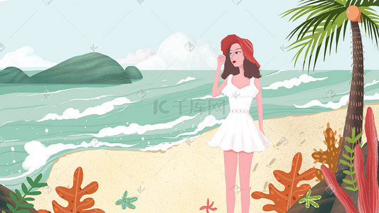 出游沙滩插画图片_在沙滩上漫步的妙龄少女