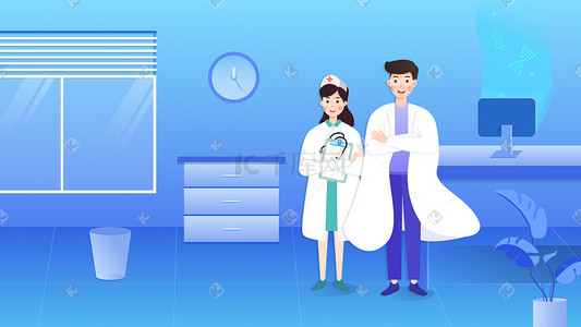 医院内插画图片_蓝色科技扁平风男女医护人员站在医院内微笑科技