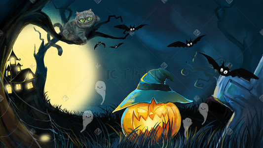 蝙蝠插画图片_神秘万圣节南瓜和猫手绘插画