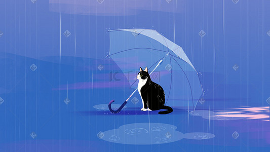 黑白猫咪插画图片_冷淡风雨天躲雨的猫咪