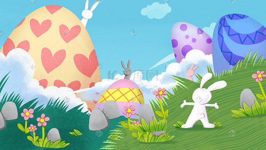 卡通复活节插画图片_卡通手绘风复活节彩蛋兔子配图