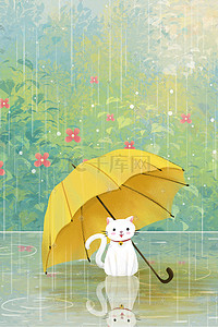 雨水节气之雨伞与猫治愈系场景
