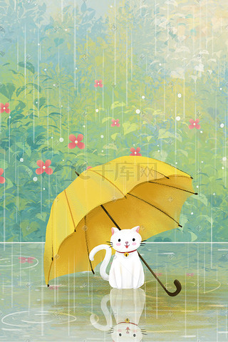 场景插画图片_雨水节气之雨伞与猫治愈系场景