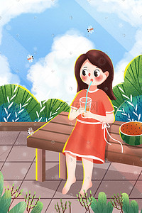 小清新奶茶插画图片_小清新夏天女孩户外喝冰饮