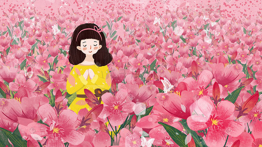 粉色花唯美插画图片_女孩身在粉色花花海中很浪漫