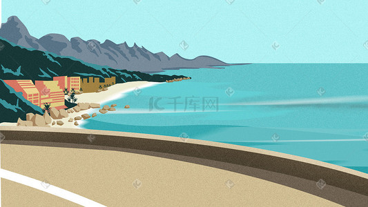 马路路面插画图片_蓝色系海滩公路海水山峰山脉房屋马路路面海