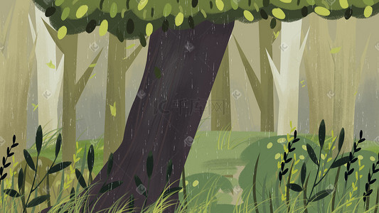 风小草插画图片_绿色系童话风树林下雨雨滴树木草丛草坪树丛