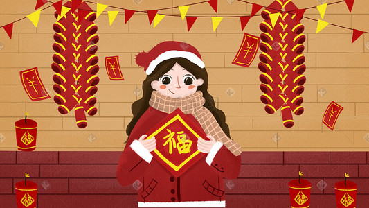 过节祝福插画图片_小女孩春节新年拜年