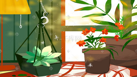 书桌前的绿色植物花朵书籍插画