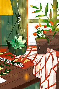书桌前的绿色植物花朵书籍插画
