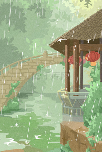 亭台灯笼院子小桥雨中景插画
