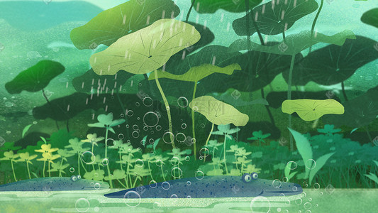 雨滴雨水插画图片_雨水春天春植物荷叶水塘