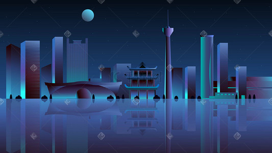 科技蓝色矢量背景插画图片_夜景 蓝色 渐变 扁平 科技 科技