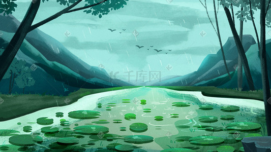 阴天的海插画图片_雨水春天春植物阴天风景插画