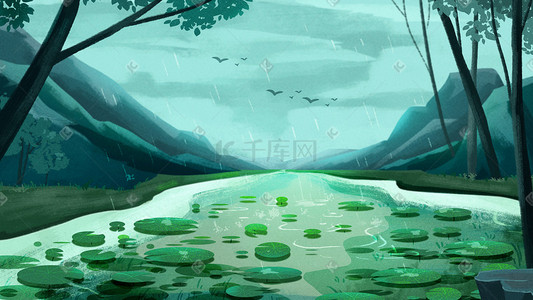 阴天闪电插画图片_雨水春天春植物阴天风景插画