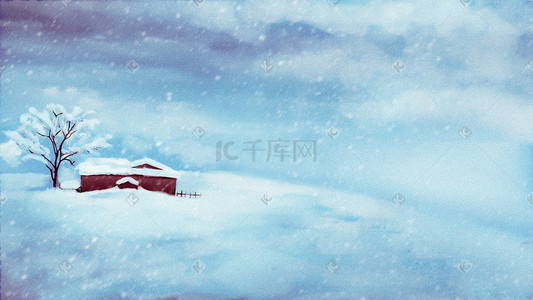 大雪中插画图片_深山大雪中的屋子