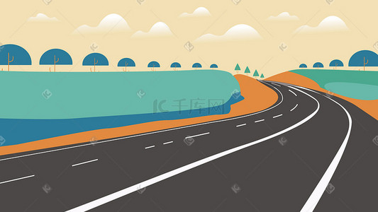 湿滑路面插画图片_蓝色系矢量扁平公路马路高速路路面树木背景