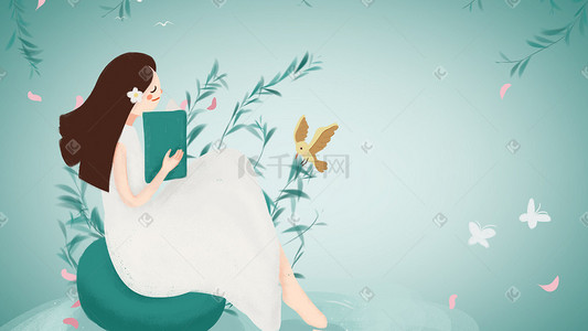 春天绿插画图片_春天早晨在读书的女孩