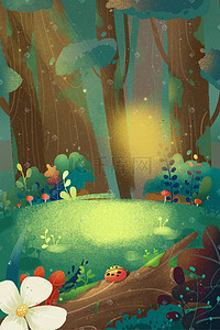 森林树木手绘插画图片_森林中一片植物丰富的空地手绘插画