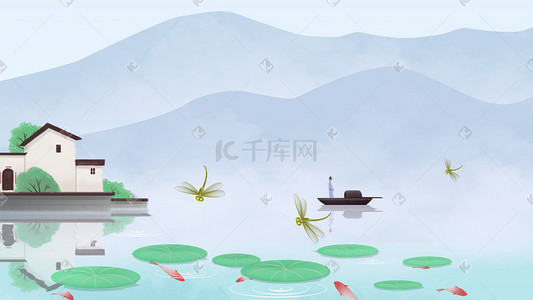 徽州府衙插画图片_春天湖面游湖春景