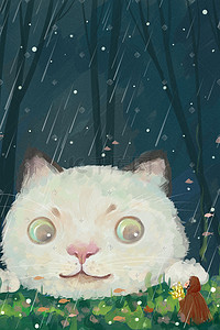 动物与女孩插画图片_雨水节气主题之猫与女孩治愈系