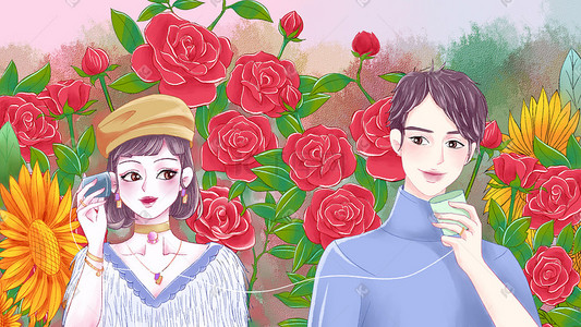 情人节玫瑰下的对话情侣手绘插画520