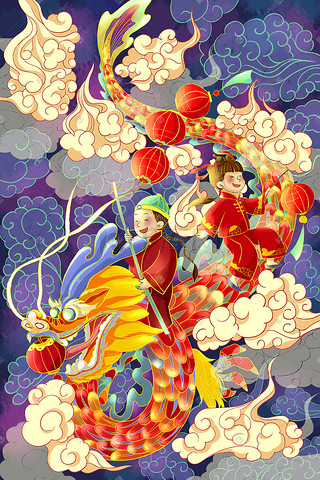 新年春节元宵节元宵龙戏灯手绘插画龙年