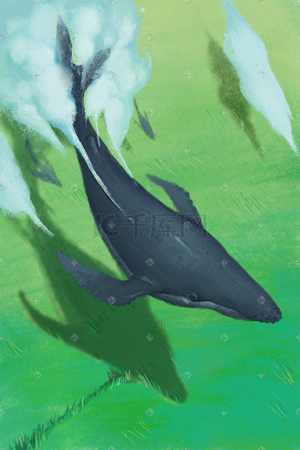 鲸鱼飞翔在草地上空唯美治愈插画