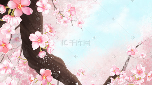 小清新唯美浪漫插画图片_桃花桃树天空唯美浪漫粉色风景