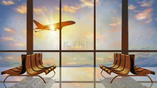 机场送行插画图片_春运机场等候飞机回家过年
