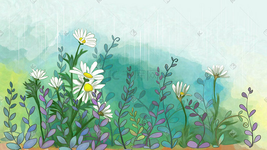 春天小雏菊插画图片_春天雨中的花草小清新