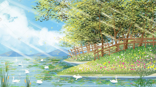 春天出游踏青插画图片_春天出游郊外的河边赏景