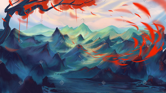 大气深色插画图片_大气场景古风中国风玄幻意境山水场景