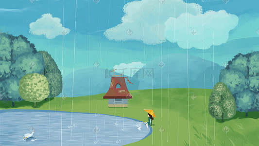 绿色鹅插画图片_雨水春天春植物女孩玩水
