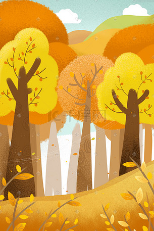 秋天橙色清新树林风景插画
