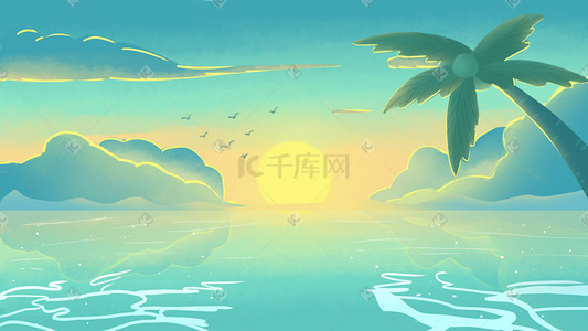 椰子水线描插画图片_夏天夏日海岛风景唯美海边